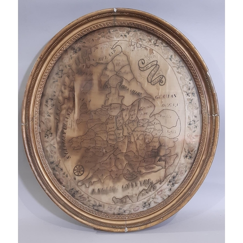 64 - Georgian silk needlework 'Map of England and Wales' in gilt oval frame, 48 x 43 cm, glazed