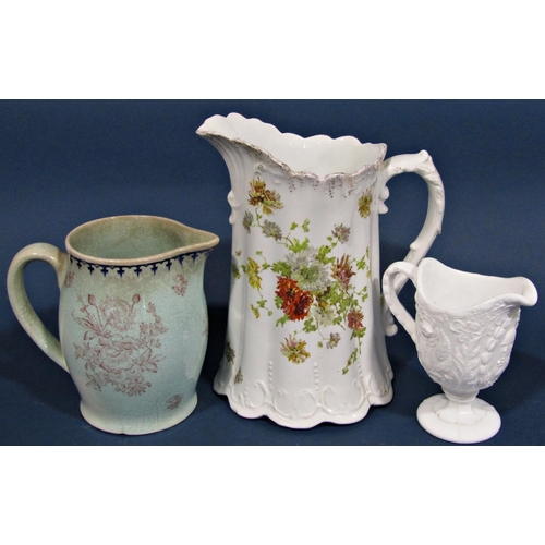 1019 - A large collection of blue and white transfer ware and relief moulded jugs, some with pewter covers,... 