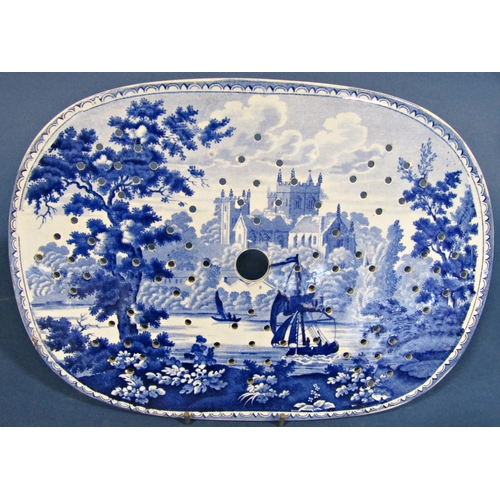 1028 - Three 19th century blue and white transfer ware gravy drainers including an example by Bathwell & Go... 