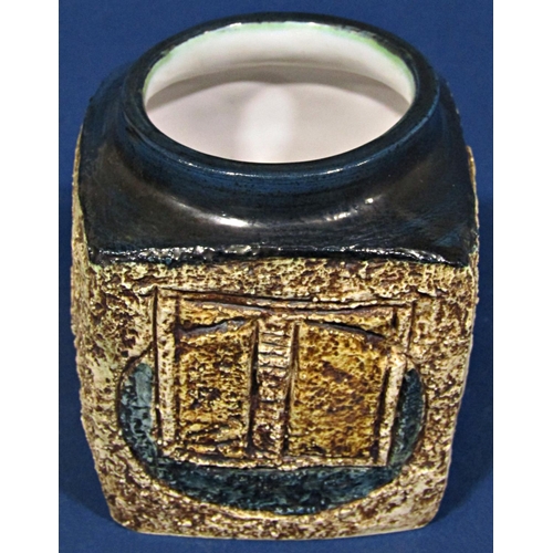 1043 - A Troika vase of square cut form with incised geometric detail, 9cm high