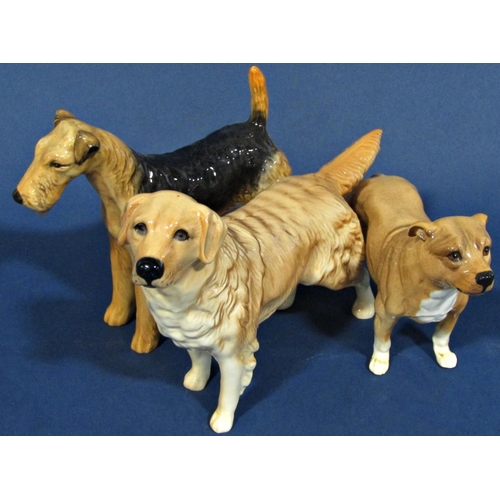 1077 - Three Beswick dogs, Staffordshire Bull Terrier, Airedale and a Retriever (Airedale af)