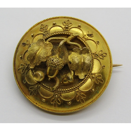 1301 - Victorian yellow metal mourning brooch with acorn and oak leaf decoration, 2.9cm diameter, 6.6g