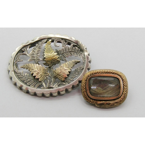 1307 - Georgian yellow metal mourning brooch containing a lock of hair, together with a further Aesthetic M... 