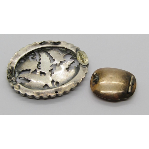 1307 - Georgian yellow metal mourning brooch containing a lock of hair, together with a further Aesthetic M... 