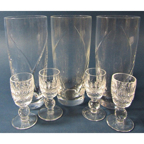 1176 - A miscellaneous collection of glass ware including a Smokey brown pitcher and six square shot glasse... 