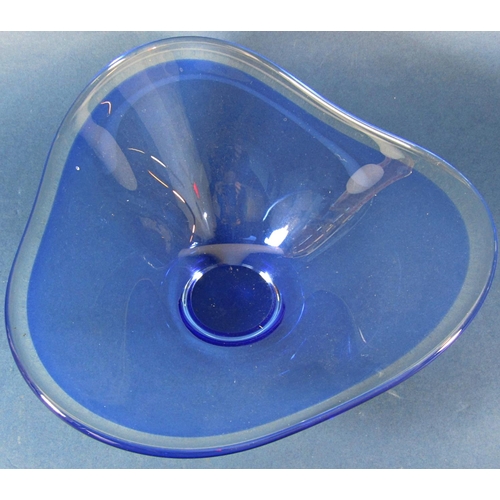 1180 - A Magnor Scandinavian 70's Blue Cased Glass Bowl, signed to the base, 25.5cm wide, three paperweight... 