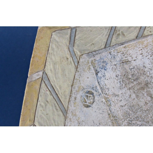 1045 - A large ovoid shaped studio pottery dish set within two herring bone bands and central panel with ab... 