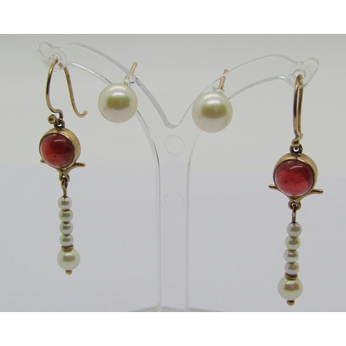 1331 - Two pairs of yellow metal pearl earrings to include a pair of cabochon garnet drops, 5.1g total (4)