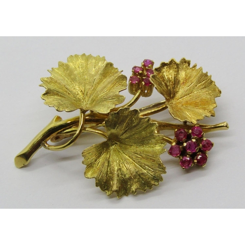 1334 - 18ct naturalistic floral spray brooch set with rubies, maker 'C&F', London 1965 import marks, 7.1g