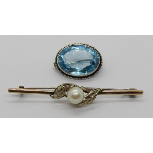 1335 - Yellow metal pearl bar brooch, indistinct stamp, maker 'JAW', together with a 1930s silver blue past... 