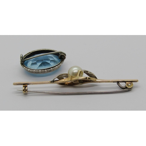 1335 - Yellow metal pearl bar brooch, indistinct stamp, maker 'JAW', together with a 1930s silver blue past... 