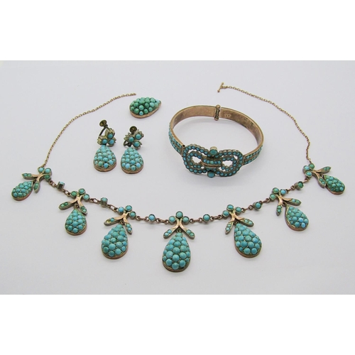 1396 - 19th century suite of gilt metal jewellery pavé set with turquoise, comprising necklace, hinged bang... 