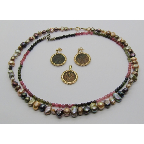 1391 - Yellow metal mounted ancient coin pendant and matching pair of drop earrings, together with a multi-... 