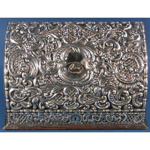 1239 - A silver clad Edwardian desk top Moroccan leather stationery box with embossed floral and scrolled d... 