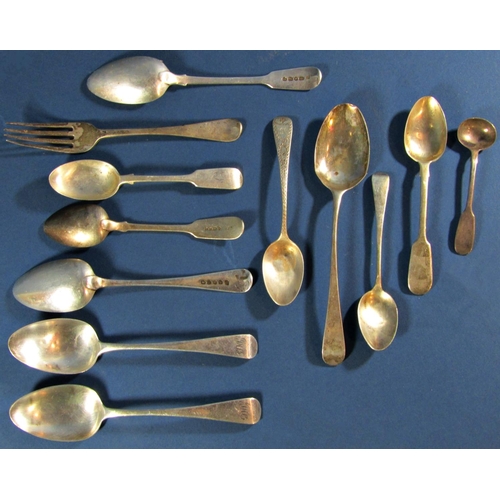 1240 - A collection of 19th century silver flatware comprising five dessert spoons, five teaspoons, a fork ... 