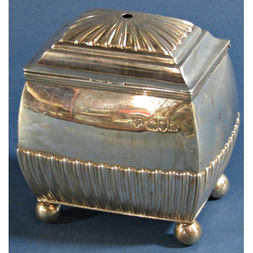 1248 - A silver sugar bowl with a hinged lid (lacks finial) half gadrooned sides, raised on ball supports, ... 