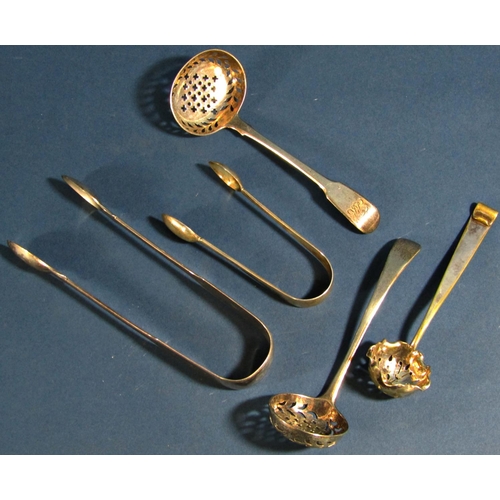 1258 - Three silver casting spoons (two Georgian) and two pairs of sugar tongs, 5 oz