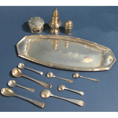 1259 - An Edwardian silver boat shaped dish with embossed detail  and presentation script, to small pepper ... 