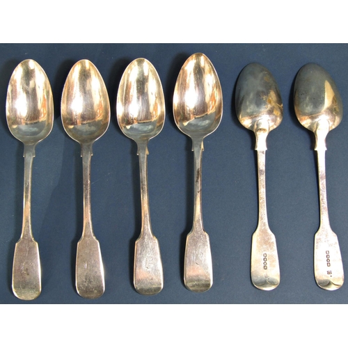 1261 - Six Victorian silver fiddle pattern tablespoons, London 1840 and 1846 by Samuel Hayne and Dudley Cat... 