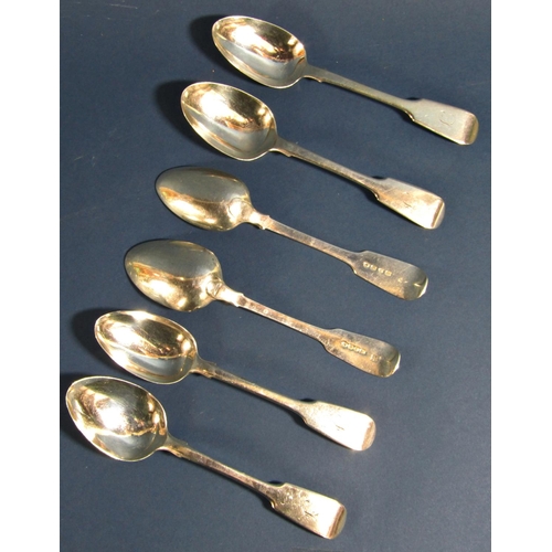 1262 - Six Victorian silver fiddle pattern dessert spoons, London 1840 & 1846 by Samuel Hayne and Dudley Ca... 