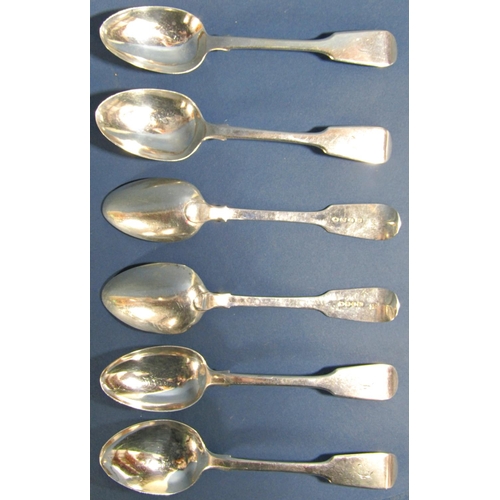 1262 - Six Victorian silver fiddle pattern dessert spoons, London 1840 & 1846 by Samuel Hayne and Dudley Ca... 