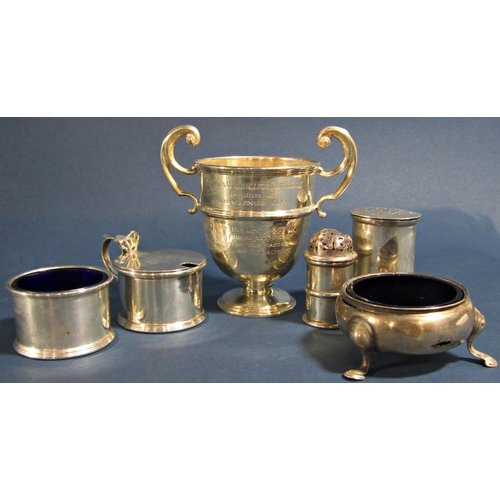 1266 - Silver mustard pot and cover, open cauldron salt, cylindrical salt, oval pepper, another and a small... 