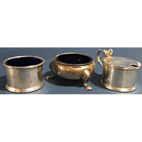 1266 - Silver mustard pot and cover, open cauldron salt, cylindrical salt, oval pepper, another and a small... 