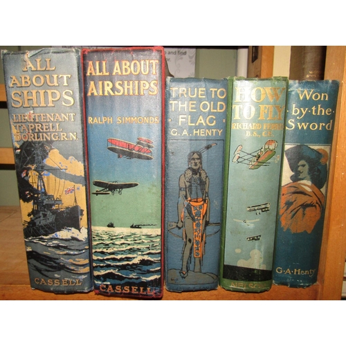 243 - Edwardian boy's books with decorated spines including All About Airships by Ralph Simmonds 1918, Tru... 