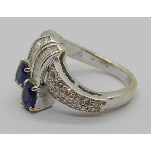 1284 - Art Deco style 18ct white gold vari-cut sapphire and diamond ring, size J, 6.3g