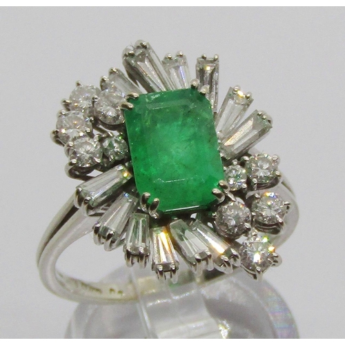 1302 - Vintage 18ct white gold emerald and diamond cocktail ring, with tapered baguette and round cut diamo... 