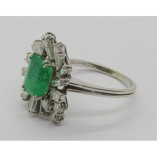 1302 - Vintage 18ct white gold emerald and diamond cocktail ring, with tapered baguette and round cut diamo... 