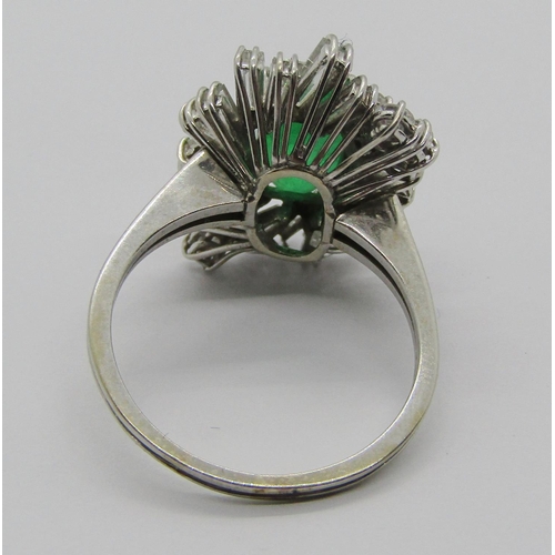 1302 - Vintage 18ct white gold emerald and diamond cocktail ring, with tapered baguette and round cut diamo... 