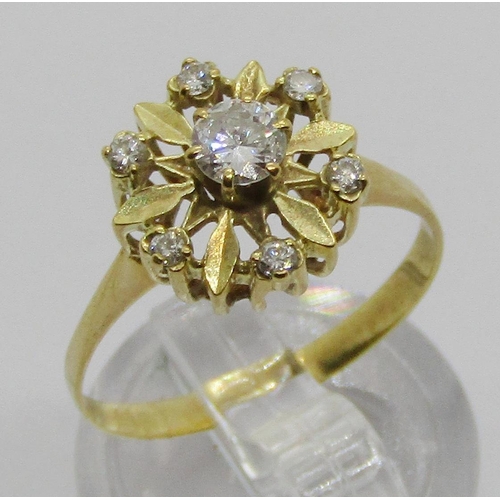 1304 - Yellow metal diamond cluster ring, centre diamond 0.20ct approx, size P/Q, 2.4g