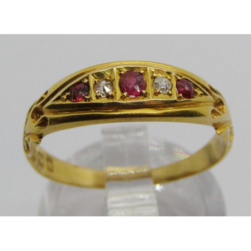 1308 - 18ct ruby and diamond gypsy ring by Deakin & Francis, Birmingham 1903, size Q/R, 3g, contained in a ... 