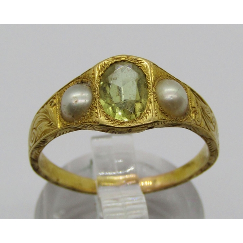 1322 - Antique yellow metal topaz and pearl three stone ring, with engraved scrolled decoration to shank, s... 