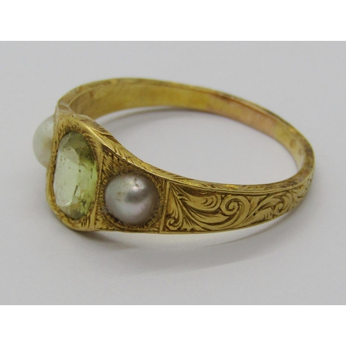 1322 - Antique yellow metal topaz and pearl three stone ring, with engraved scrolled decoration to shank, s... 