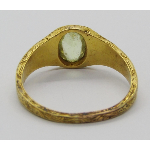 1322 - Antique yellow metal topaz and pearl three stone ring, with engraved scrolled decoration to shank, s... 