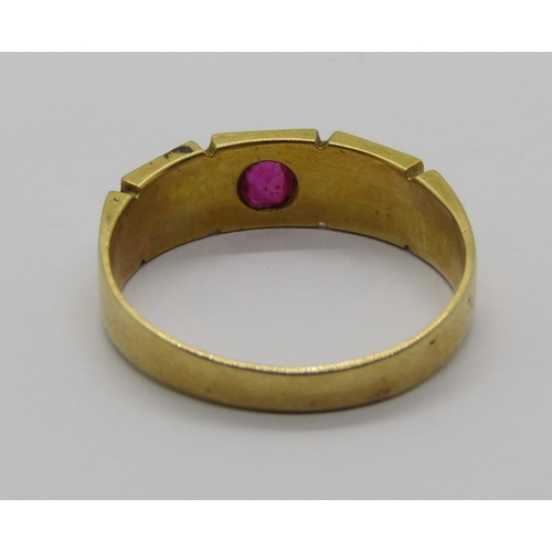 1323 - Antique 18ct ruby and pearl three stone ring, size Q/R, 3.7g (af one pearl vacant)