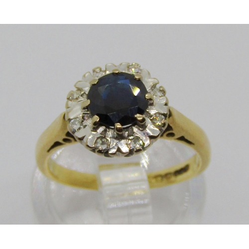 1332 - Vintage 18ct sapphire and diamond cluster ring, size I, 3.8g