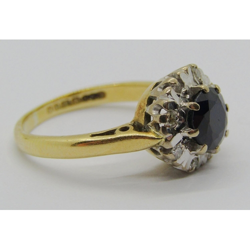 1332 - Vintage 18ct sapphire and diamond cluster ring, size I, 3.8g