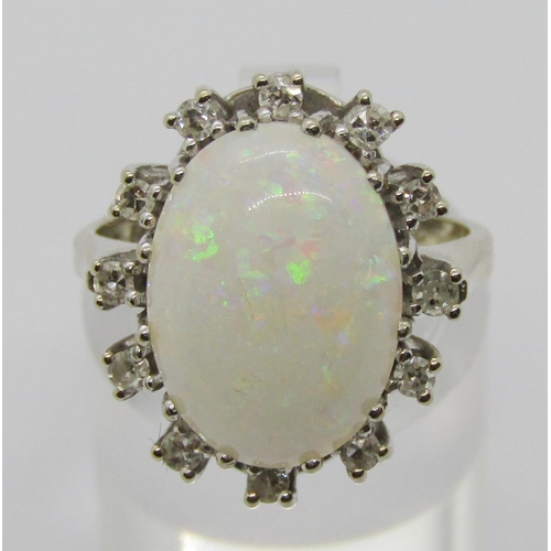 1342 - Vintage 14ct white gold opal and diamond oval cluster ring, size N, 5.6g