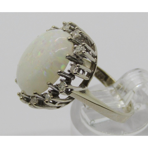 1342 - Vintage 14ct white gold opal and diamond oval cluster ring, size N, 5.6g