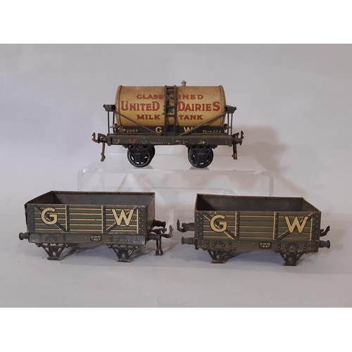 329 - 1930's O gauge United Dairies rail tanker by Bassett-Lowke, marked GW 2007, together with 2 further ... 