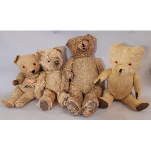 318 - 4 vintage teddy bears, all play worn including a tall firmly stuffed bear with  stitched nose and mo... 