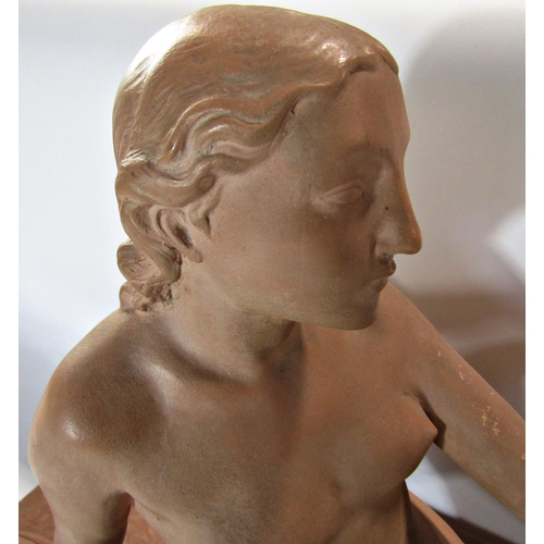 1584 - Lucien Charles Edouard Alliot , 1877-1967, a terracotta figure of a reclining nude female holding a ... 