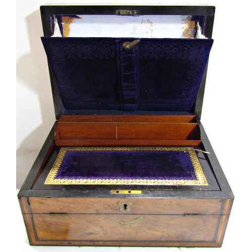 1614 - A 19th century walnut, ebony and rosewood strung, writing slope with a hinged front panel and purple... 