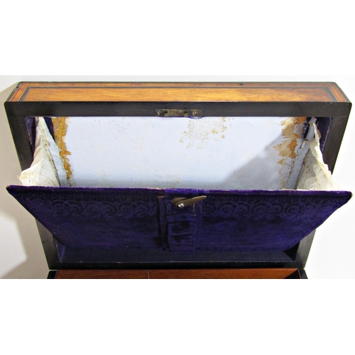 1614 - A 19th century walnut, ebony and rosewood strung, writing slope with a hinged front panel and purple... 