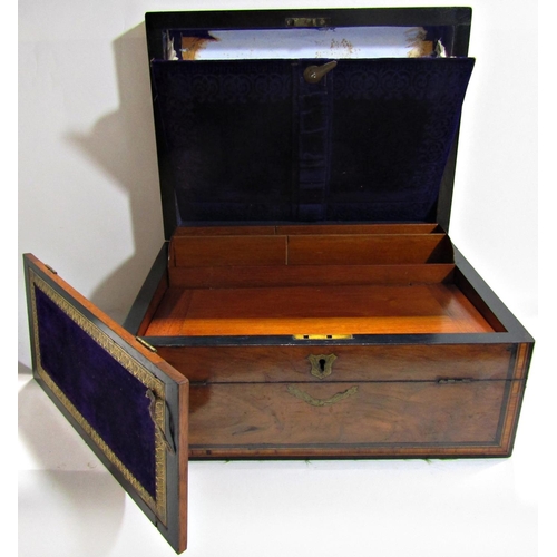 1614 - A 19th century walnut, ebony and rosewood strung, writing slope with a hinged front panel and purple... 