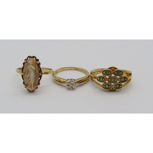 1344 - Three 9ct rings; a diamond solitaire, an aventurine cluster and a cameo example, 8.2g total (3)