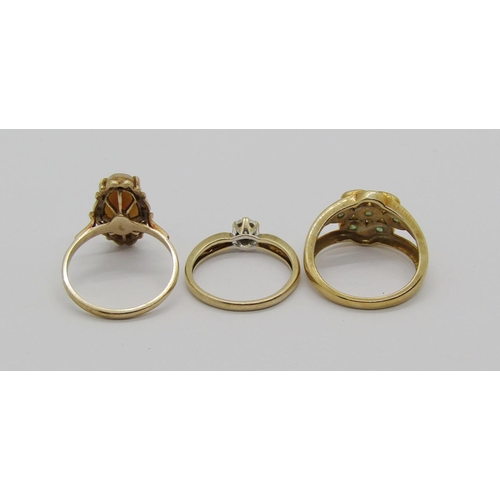 1344 - Three 9ct rings; a diamond solitaire, an aventurine cluster and a cameo example, 8.2g total (3)